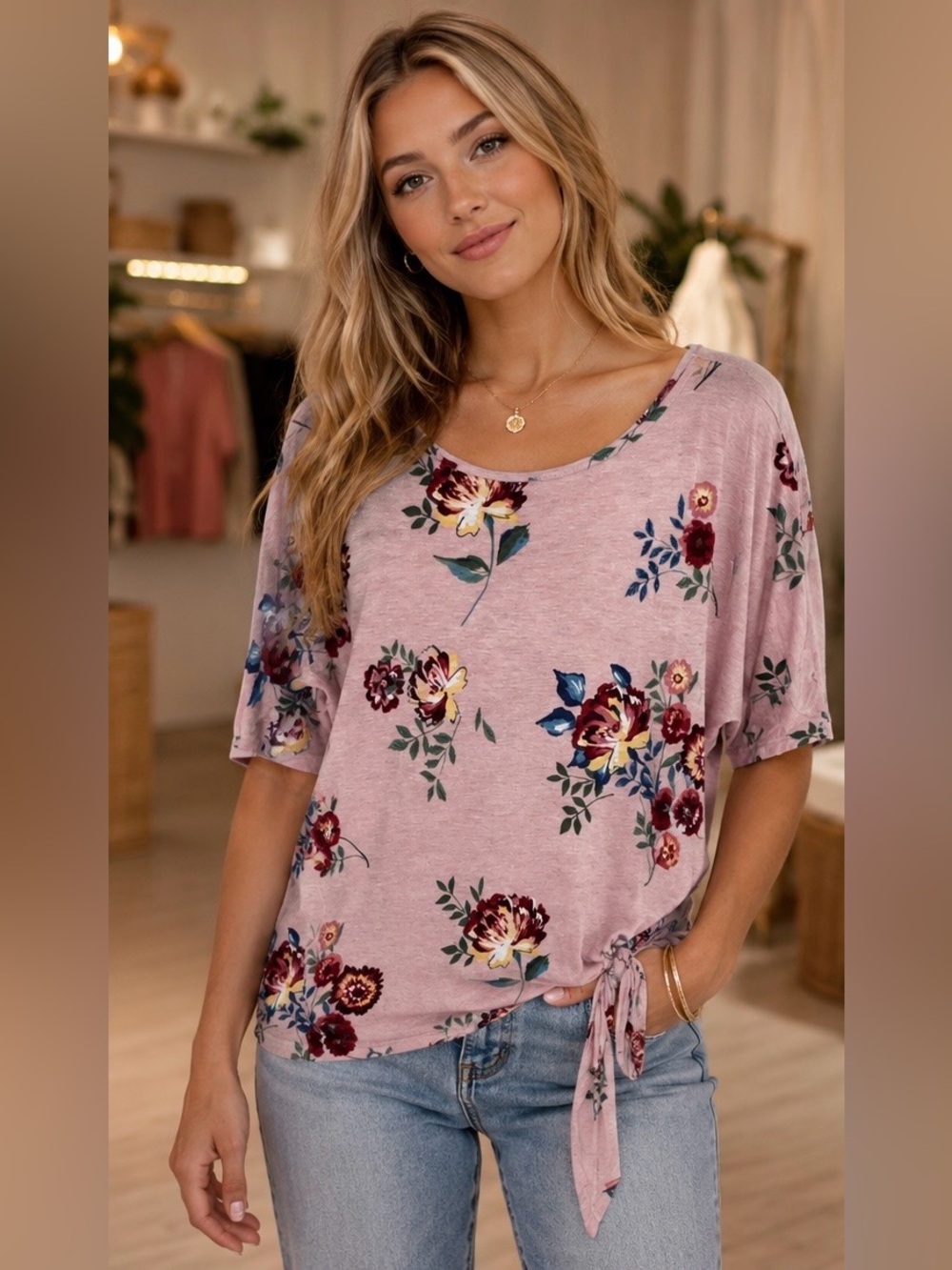 Floral Side Tie Short Sleeve Top